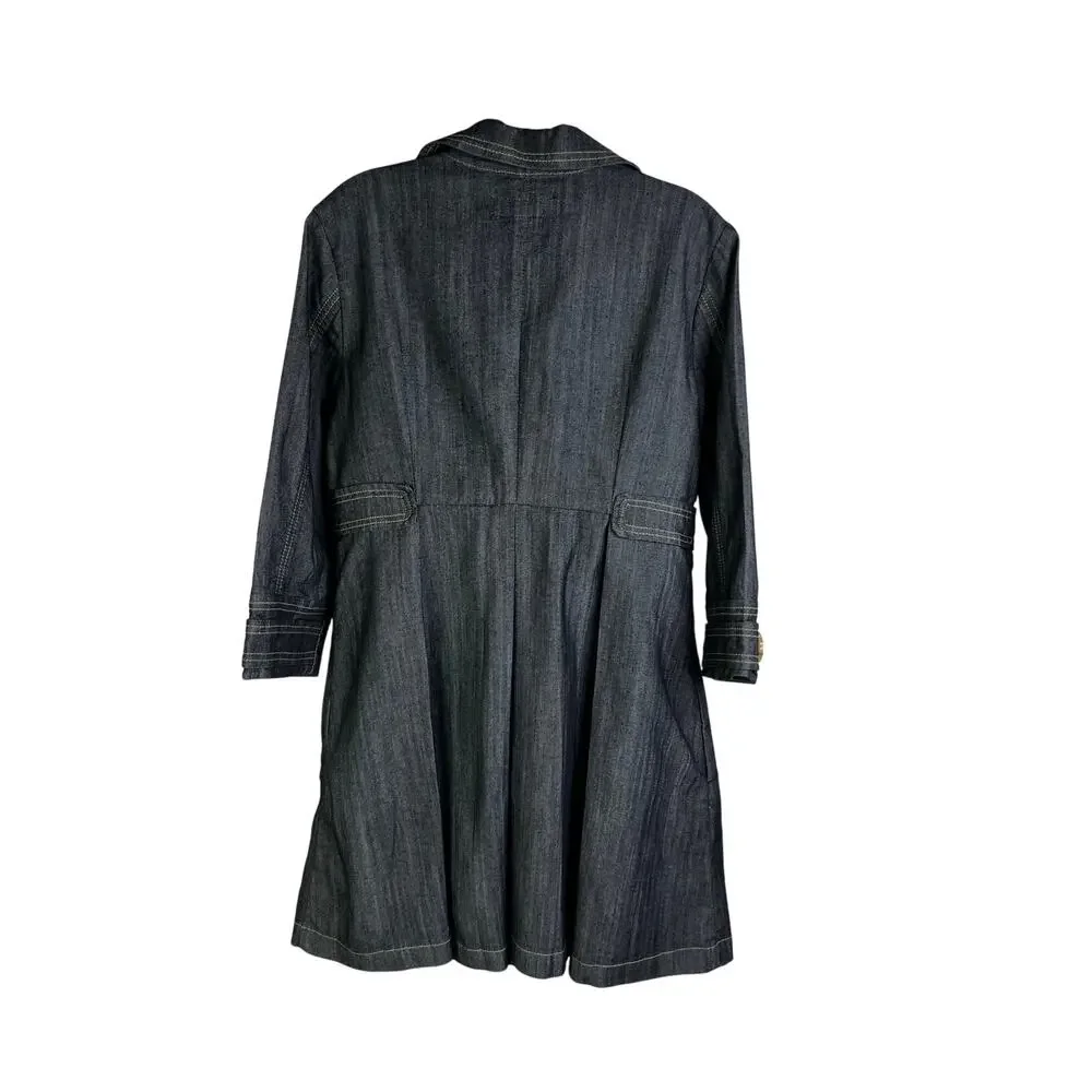 Baccini Demin Trench Coat Womens Sz Medium Dark‎ Wash Button Front 3/4 Sleeve